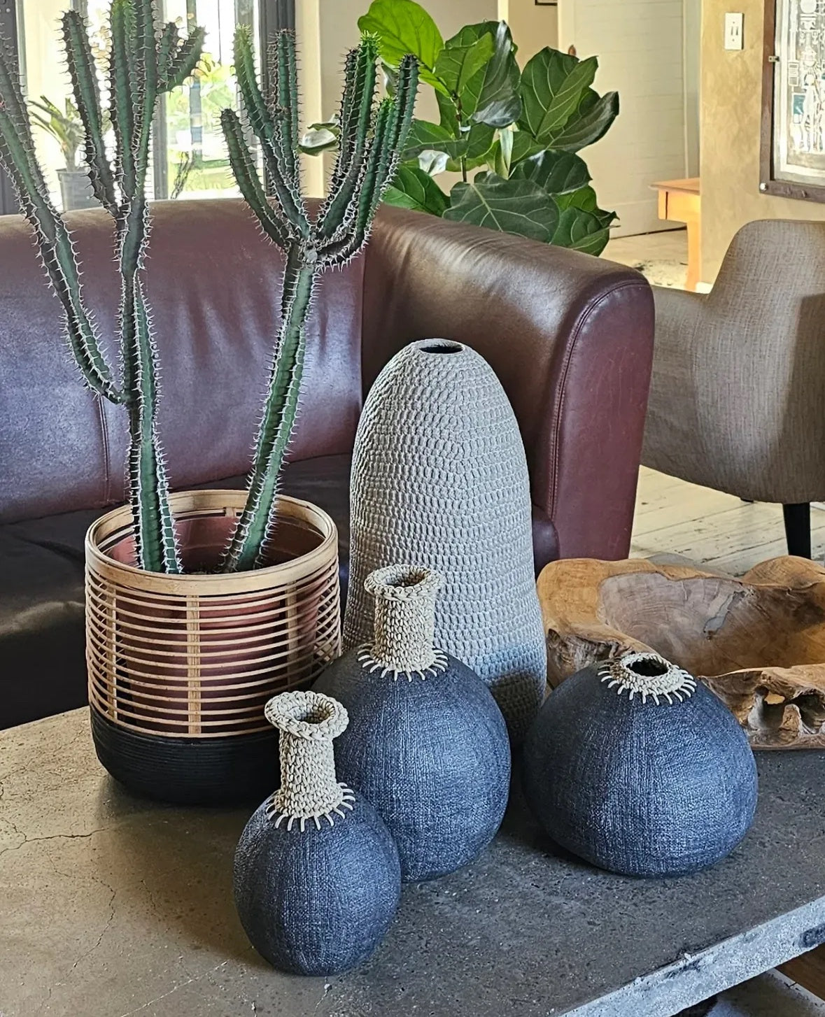 Small Charcoal Pod with A Long  Ivory Crochet Neck