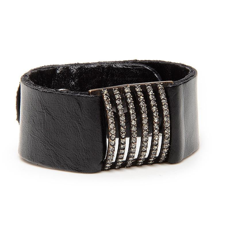 6 Bar Swarovski Black Leather Bracelet.