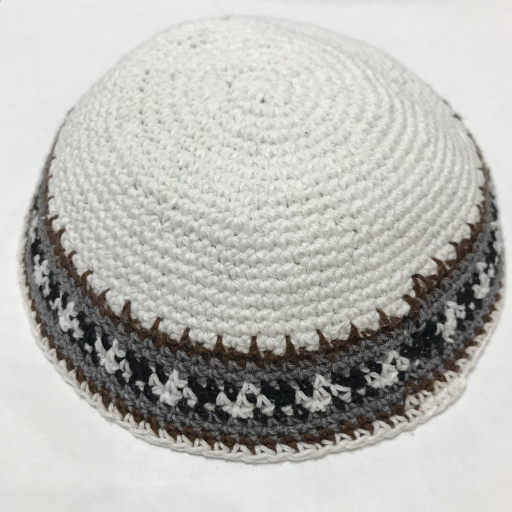 Knit Kippah, White with Grey border pattern