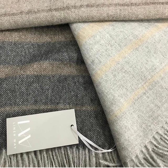 Throw, 100% Baby Alpaca. Tan and Bark and Grey.