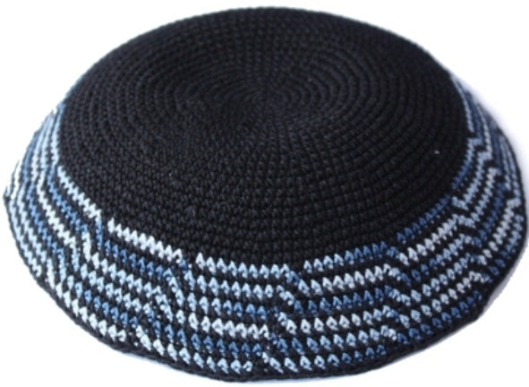 Black with Cascading Blue border  Hand Crochet Kippah