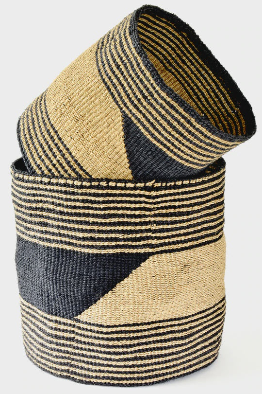 Sisal Storage Bin, Set of 2 Large Black /Go;d