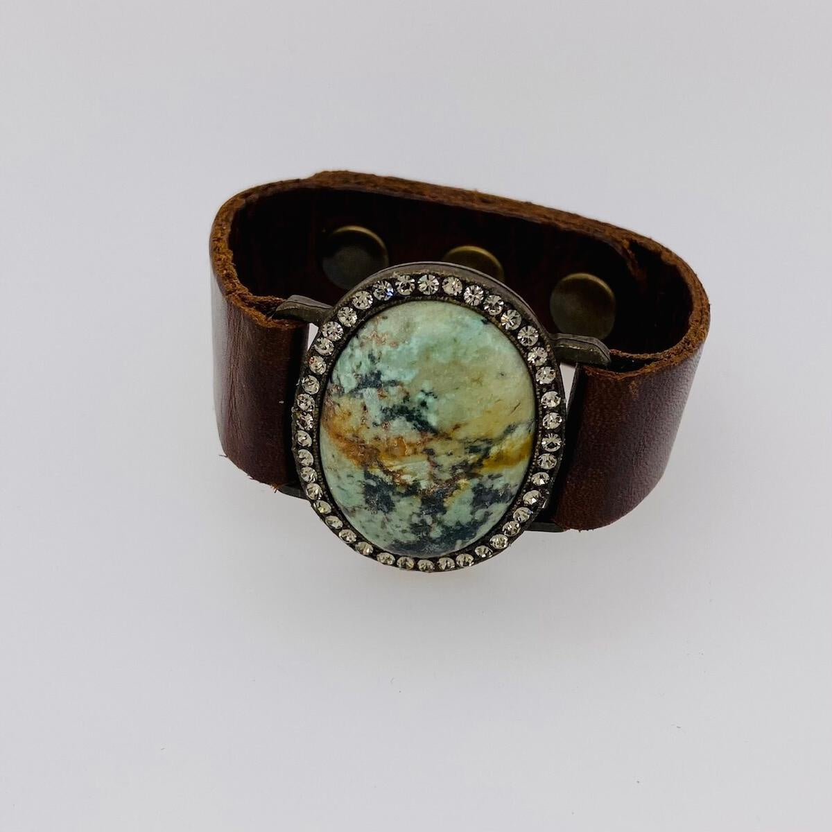 Oval African Turquoise Cabochon Leather Bracelet