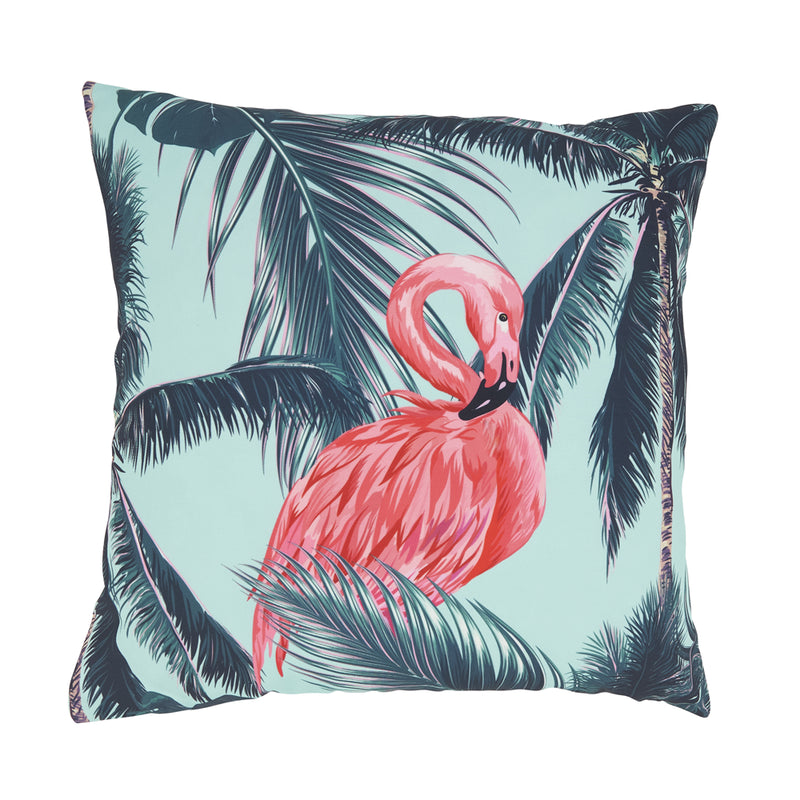 Tropical Flamingo and Palm Tree Outdoor Pillow