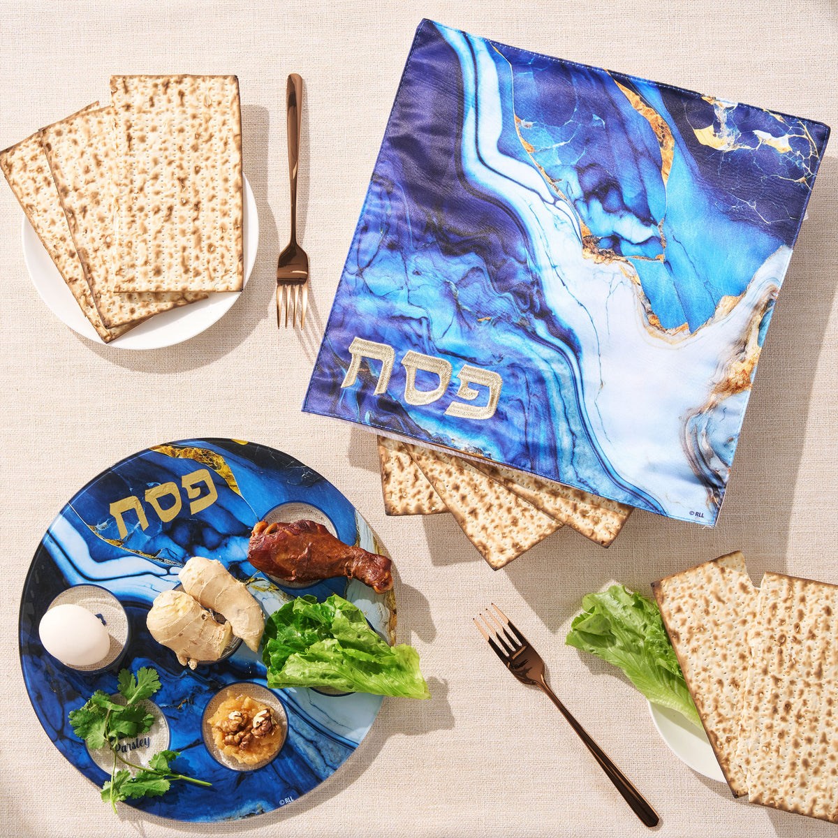 Blue Glass Marble design Seder Plate with Matching Matzah Cover