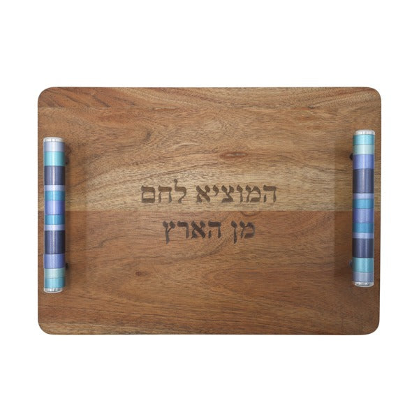 Acacia Wood Challah Board with Stainless Steel Handles in Shades of Blue