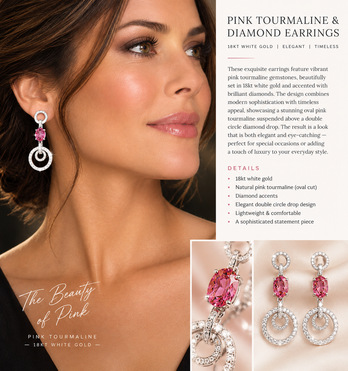 18 KT White Gold Diamond and Pink Tourmaline Drop Earrings