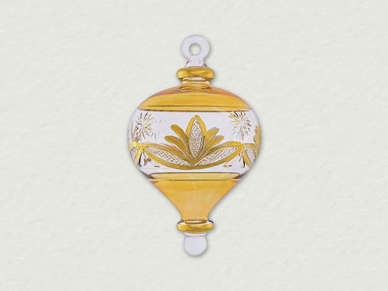 Gold and Blue Glass Etched ornament with 24 karat Trim