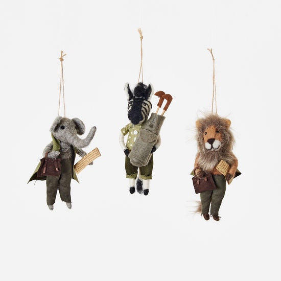 Felted Lion, Zebra and Elephant Ornament