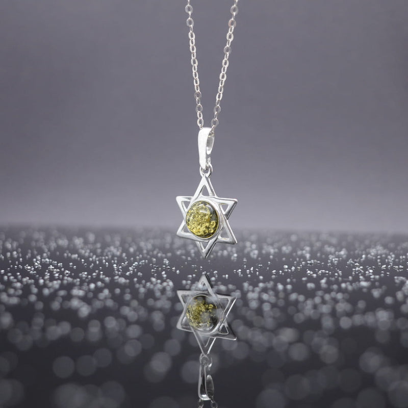 Sterling Silver Star of David Pendant set with Baltic Amber