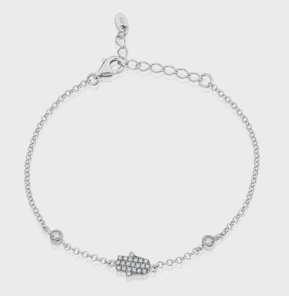 Silver CZ Hamsa Bracelet with Bezel station