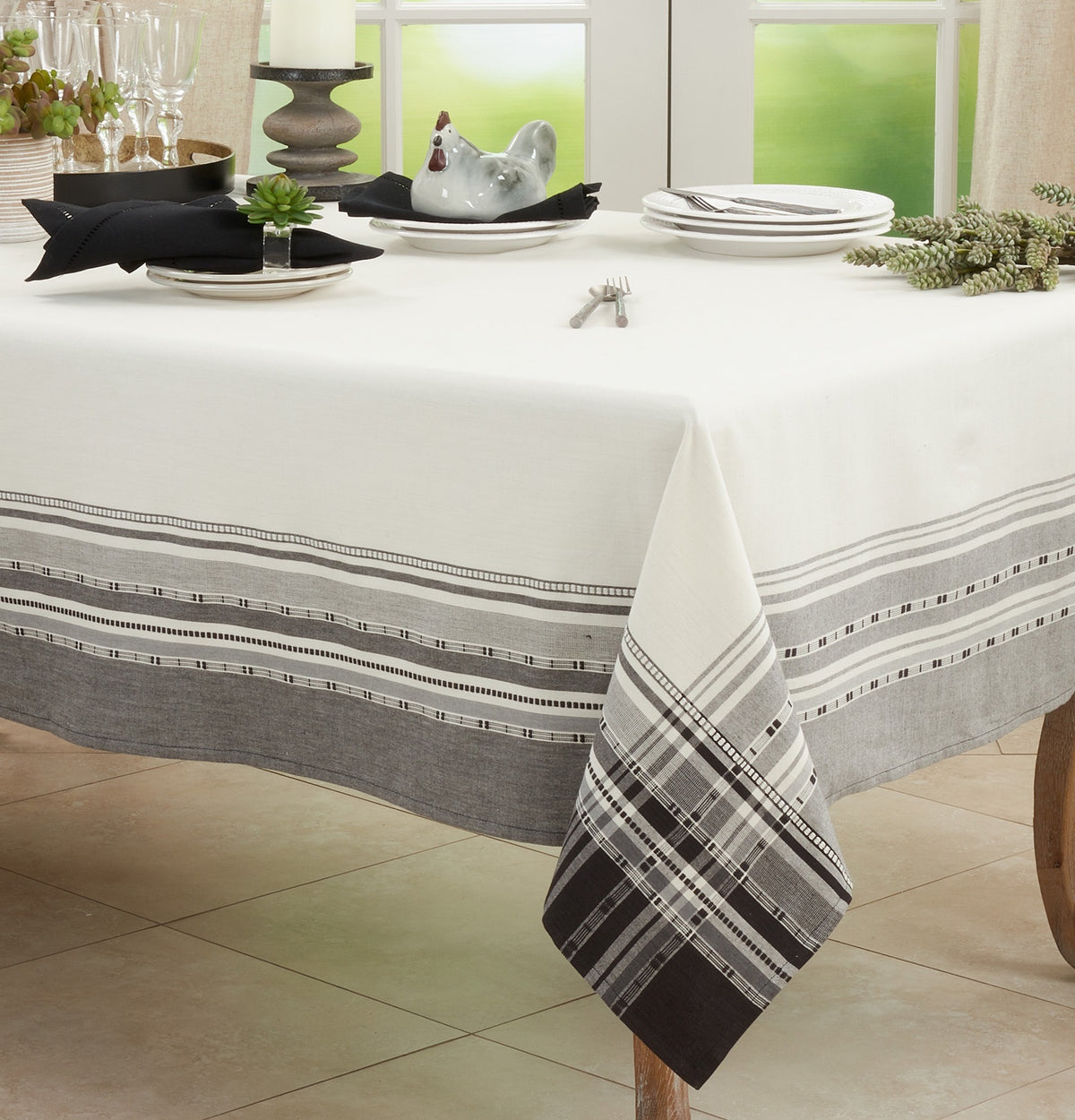 Plaid Border Table Cloth  _Grey Beige 65 X 104