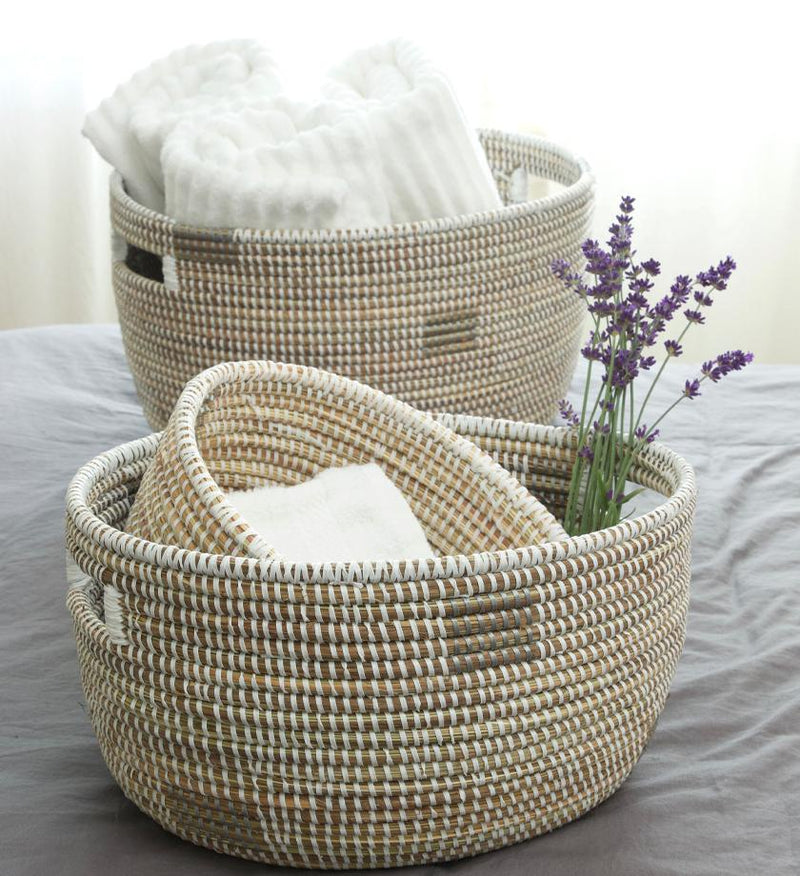 Oval Basket with White and Silver Dots Large