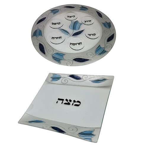 Blue Pomegranate Glass Seder Plate with Matching Matzah Plate