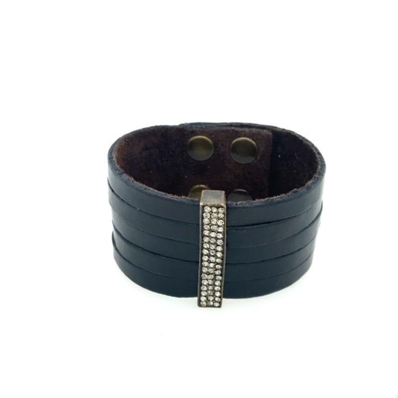 Wide 4 row Black Leather Bracelet with Black Diamonds