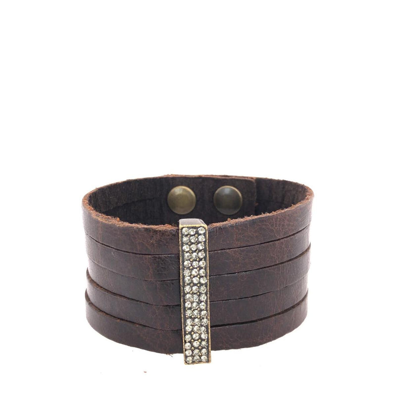 Vintage Brown Leather Wide Bracelet with Swarovski Crystal Bar