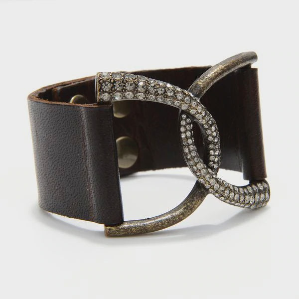 Double D Ring Swarovski Black Leather Bracel;et