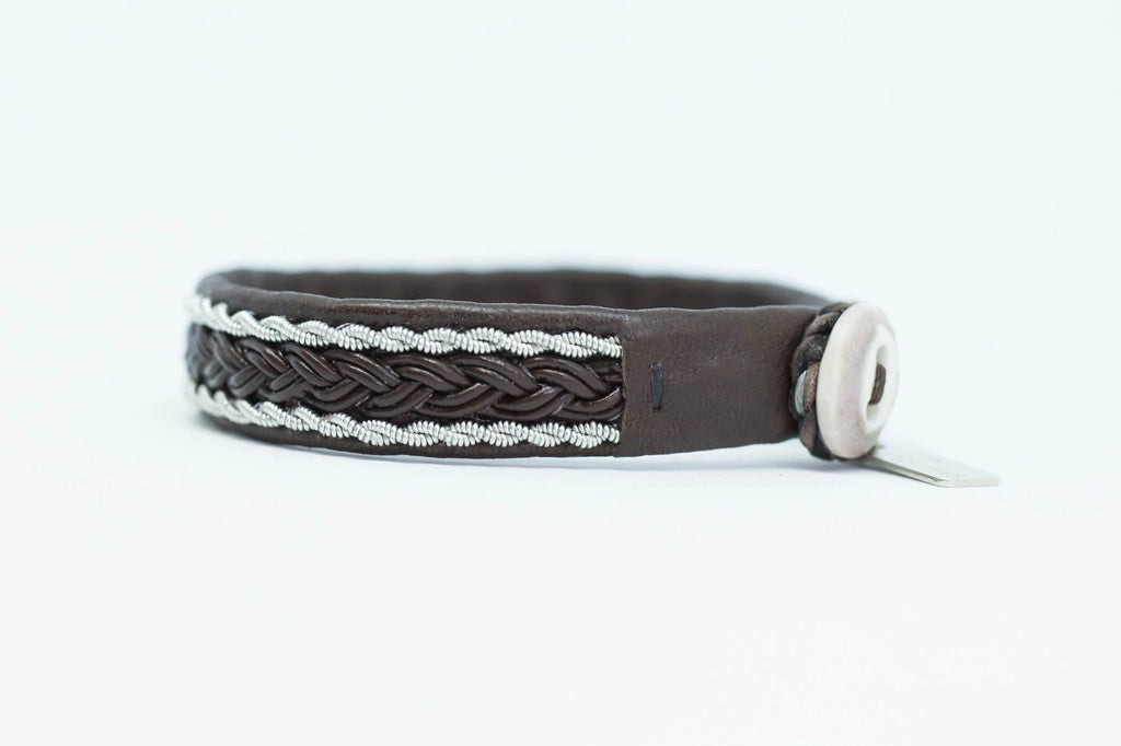 Rise . Antique Brown Leather and Stainless  Steel and Leather Braid Bracet