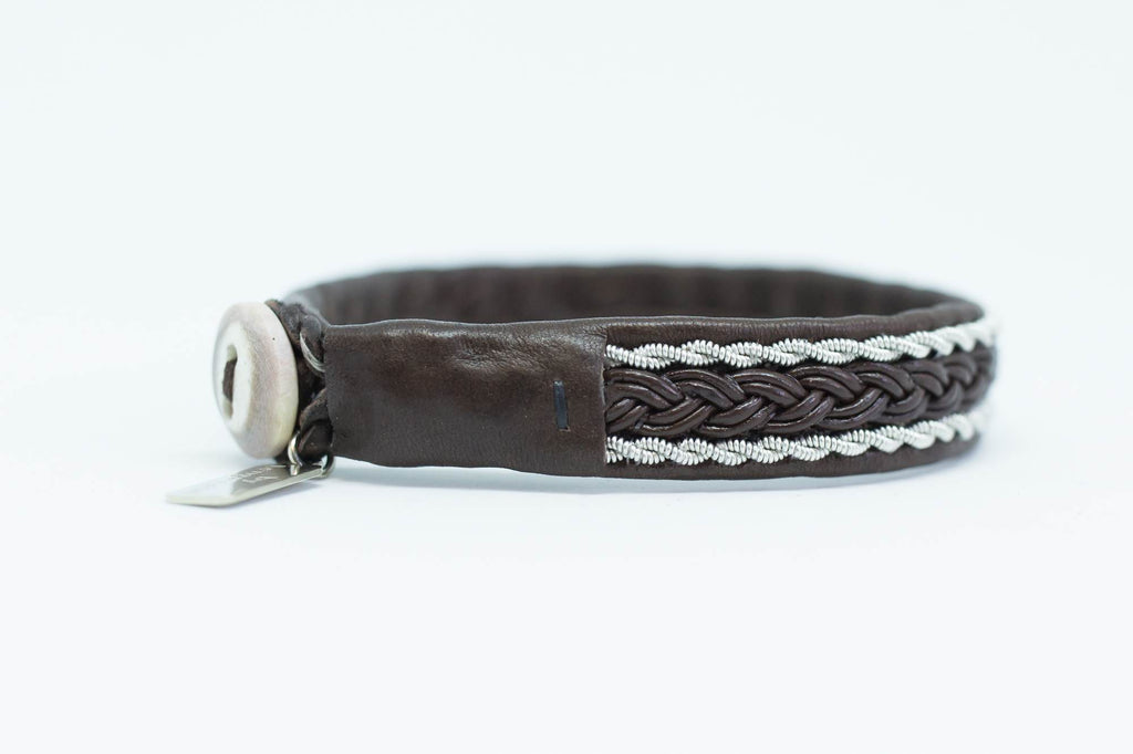 Rise . Antique Brown Leather and Stainless  Steel and Leather Braid Bracet