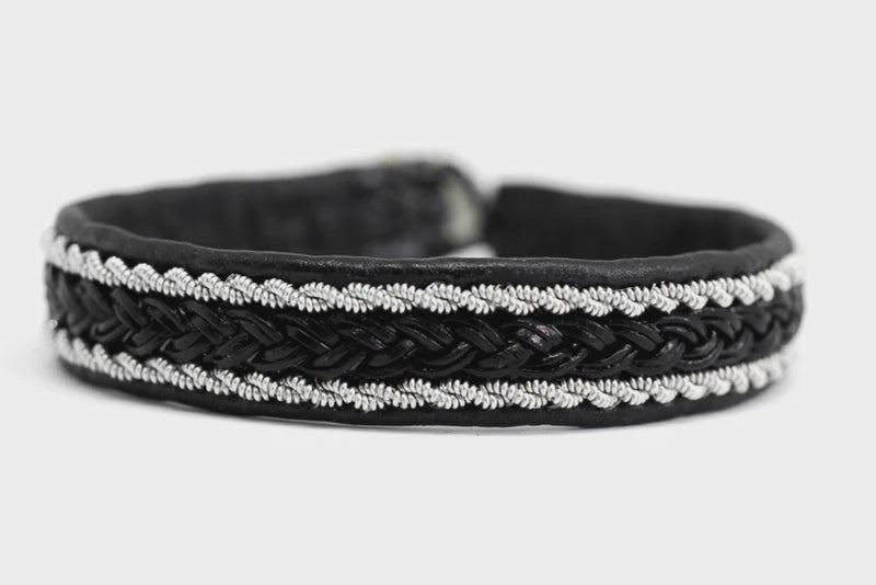 Rise . Antique Black  Leather and Stainless  Steel and Leather Braid Bracelet