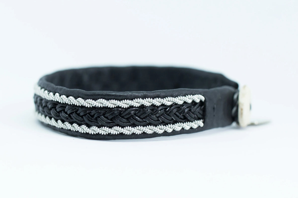 Rise . Antique Black  Leather and Stainless  Steel and Leather Braid Bracelet