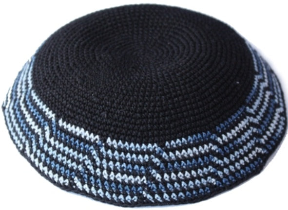 Black with Cascading Blue border Hand  Crochet Kippah