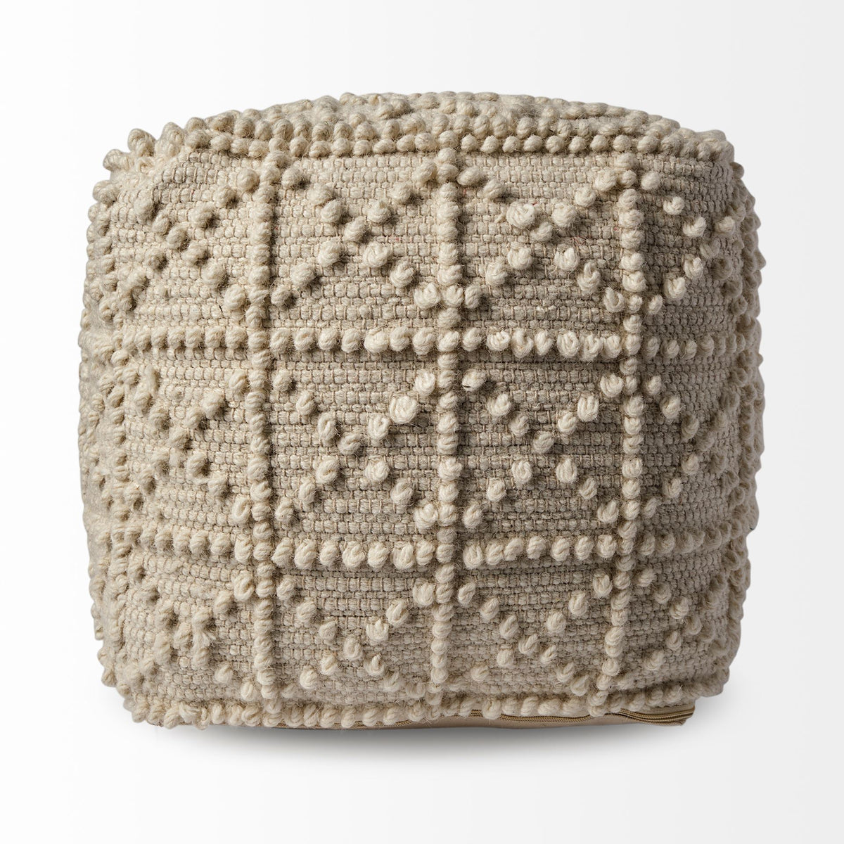 Ivory Wool Sqaure Pouf With Popcorn Detail Ivory Wool Sqaure Pouf With Popcorn Detail
