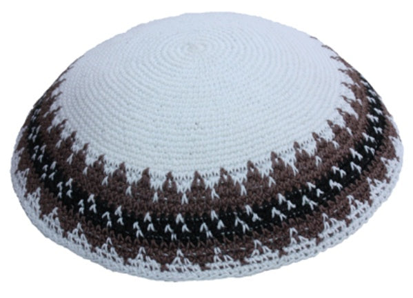 Traditional White Knit Kippah with pattern trim