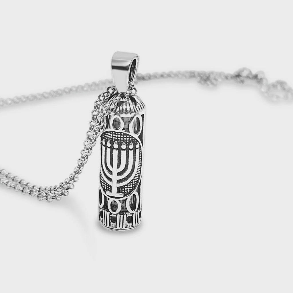 Silver Mezuzah Necklace with a Menorah